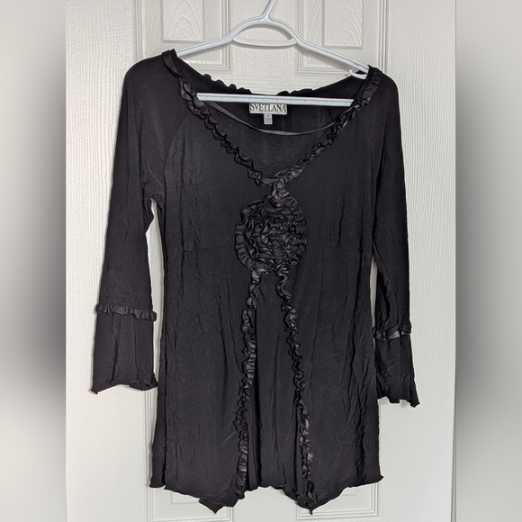 Svetlana Women's (Size 4) Black V-Neck Ruffled Tunic Top With Rosettes & Ruffles - Picture 1 of 16